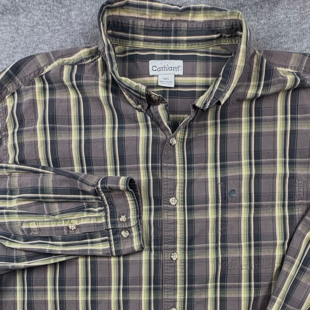 Carhartt Men 3XL Plaid Long Sleeve Shirt Brown Green‎ Farm Ranch Workwear Rugged